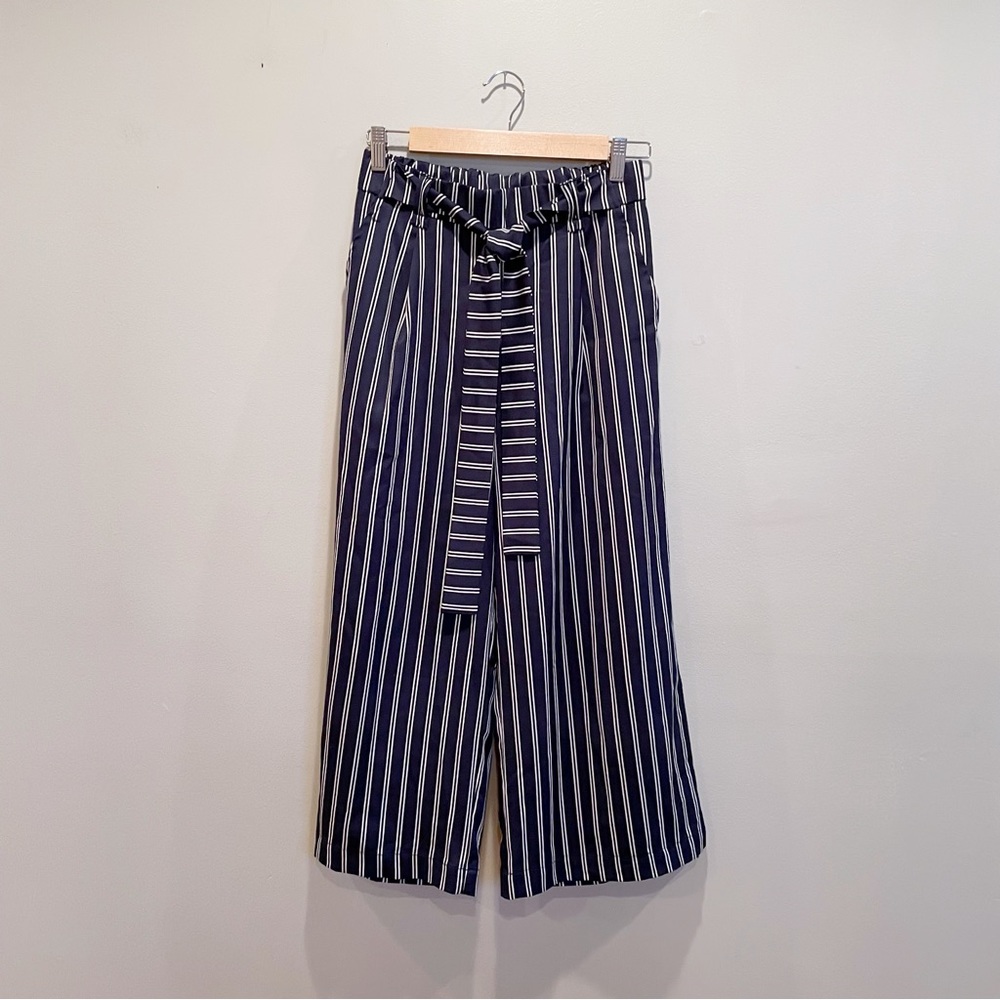 Urban Heritage Navy & White Striped Wide-Leg Belted Pants